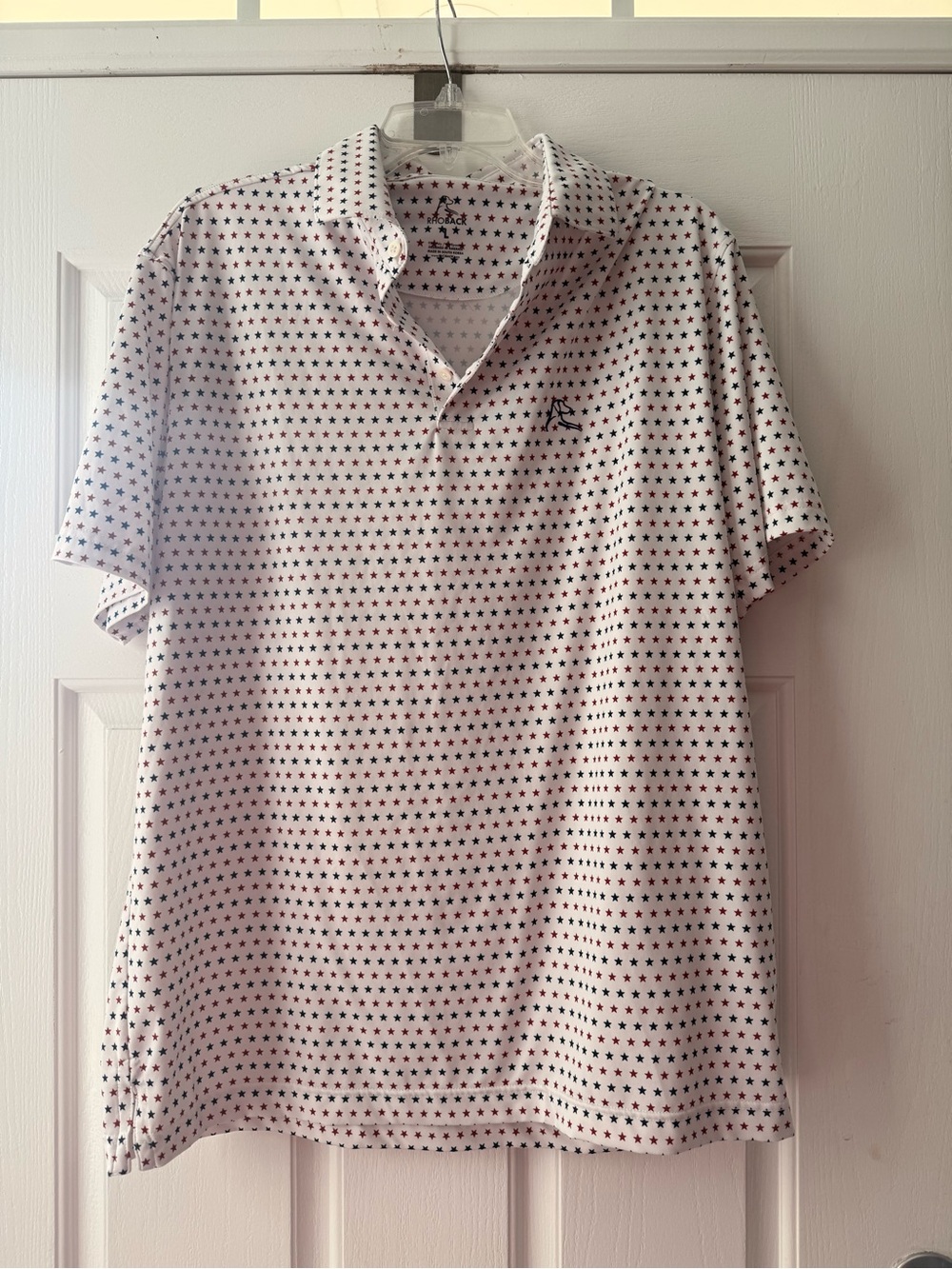 Rhoback White Polo with Red and Blue Star Print